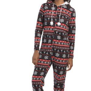 NWT POOF NEW YORK WOMEN'S BLACK HOODED‎ BRUSHED FAIRAISLE SNOWFLAKE ONESIE SMALL